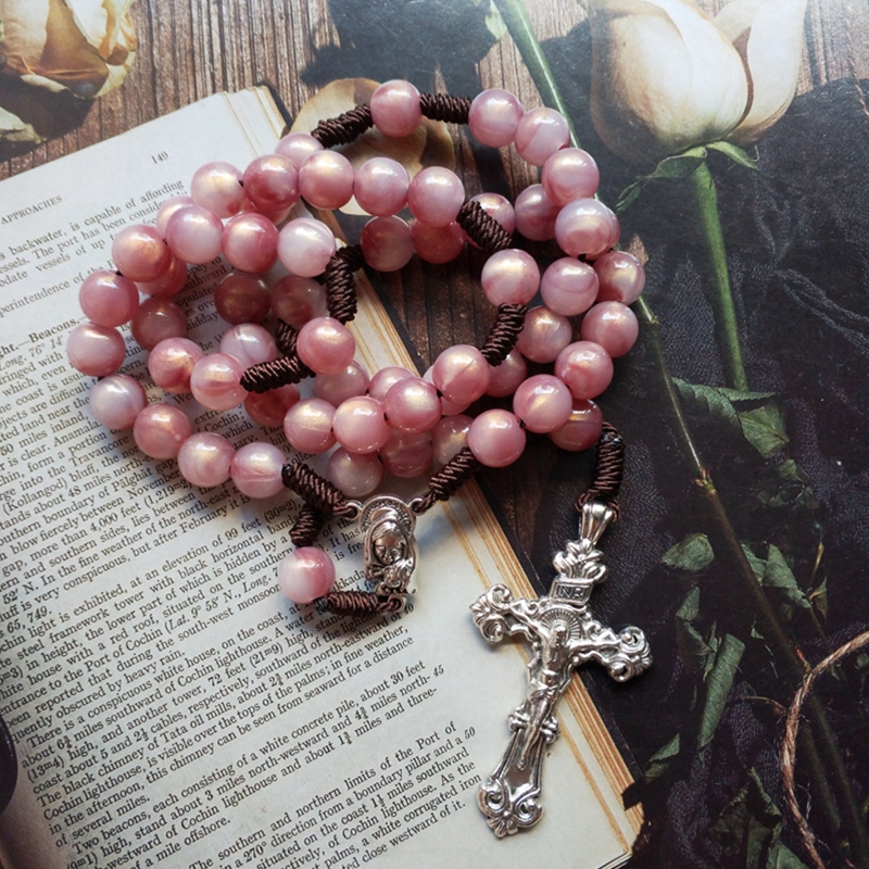 Collar de cuentas redondas para hombres y mujeres, collar con colgante de cruz de Jesús, Jesús cristiano, oración, joyería religiosa