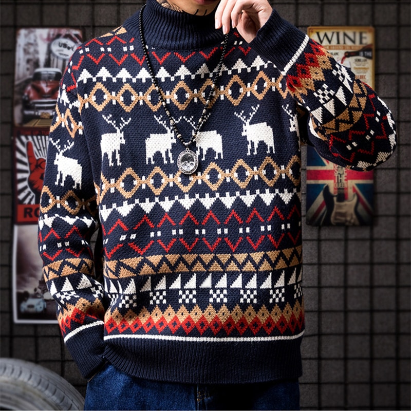 Männer halbe hohe kragen zur Seite fahren Hirsch drucken herbst frühling Weihnachten zur Seite fahren gestrickte zur Seite fahren zur Seite fahren schlank passen für männer kleidung