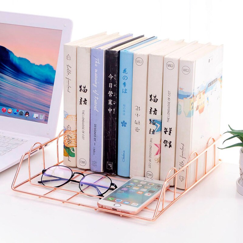 Rose Gold Wrought Iron Storag Rack Magazine Book Holder Stand Metal Baskets Office Desktop File Organizer Cosmetic Storage Box