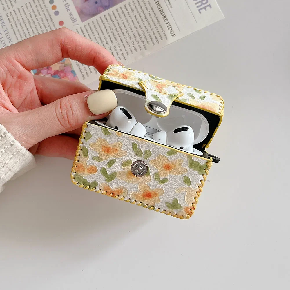 Étui Airpods 4 2 1 3 pour écouteurs, peinture à l'huile de fleurs, housse en cuir Vintage pour AirPod Pro, boîte de Protection: S / MARRON
