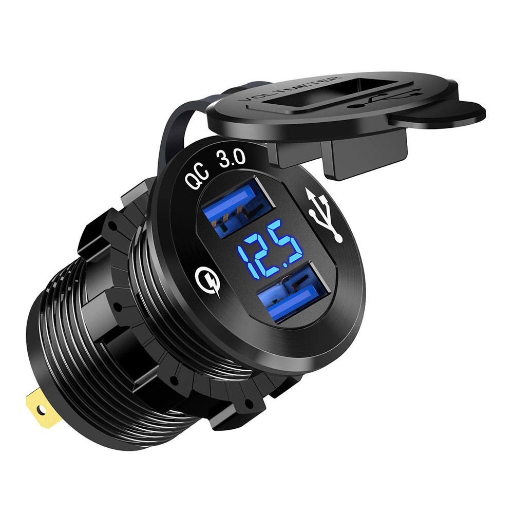 Hurtig opladning 3.0 dobbelt usb oplader stik vandtæt aluminium power charge led voltmeter til 12v/24v bil båd motorcykel usb auto: Sortblå