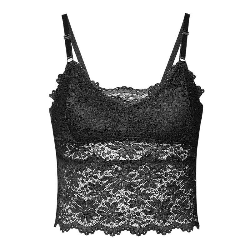 Vrouwen Hollow Lace Mesh Zomer Hemden Zachte Uitneembare V-hals Tops Lace Camis Tops: Black