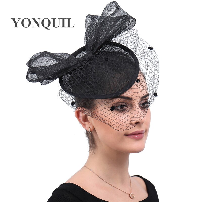 Fancy Grote Boog Haar Mesh Tovenaar Zwarte Hoed Haarspelden Bruiloft Hoofddeksels Vrouwen Banket Hoofddeksel Formele Veiling Bruid Fedora Cap