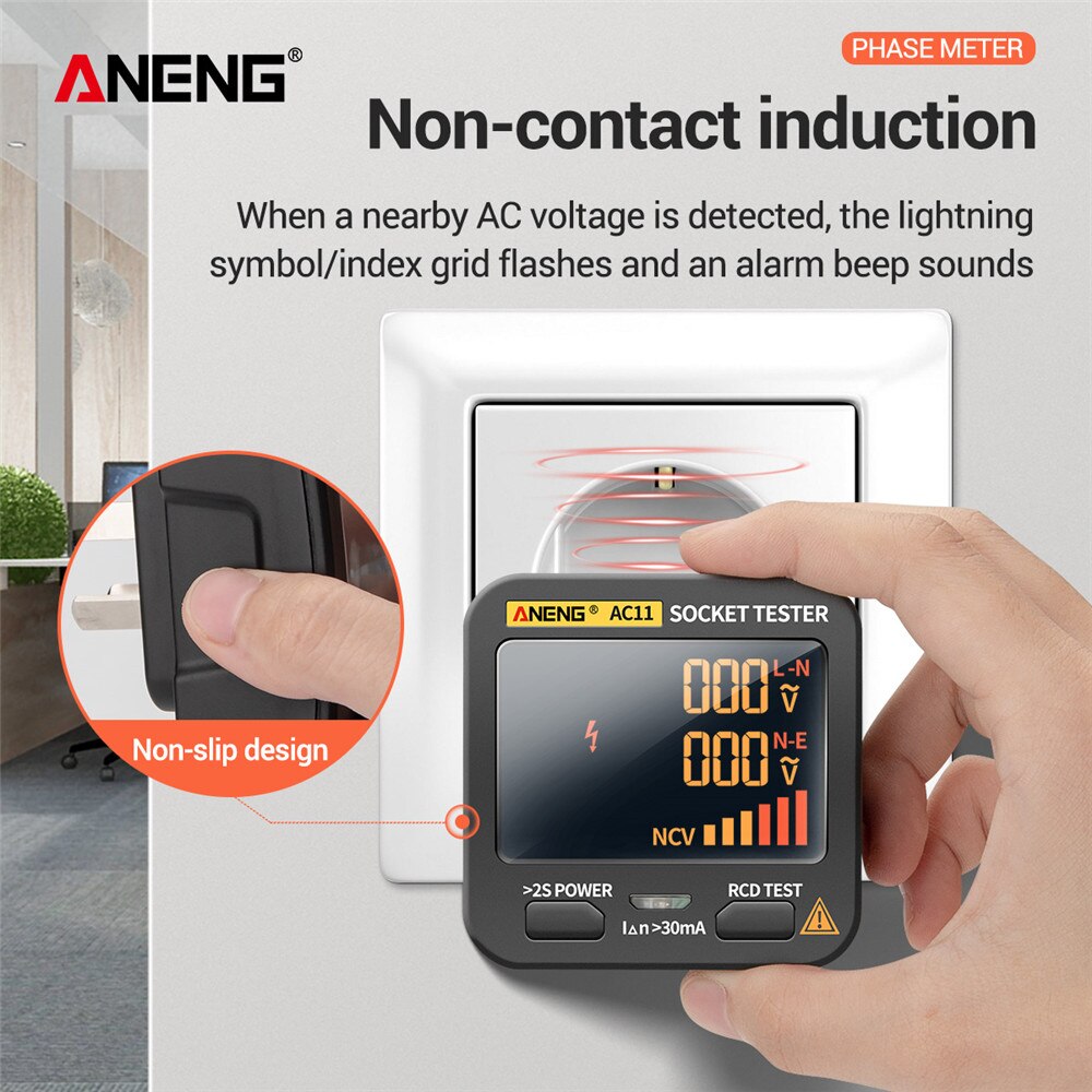 ANENG AC11 Socket Tester Electric Leakage Detector LCD Ground Zero Line Live Wire Phase Electroscope RCD NCV Electric Tester