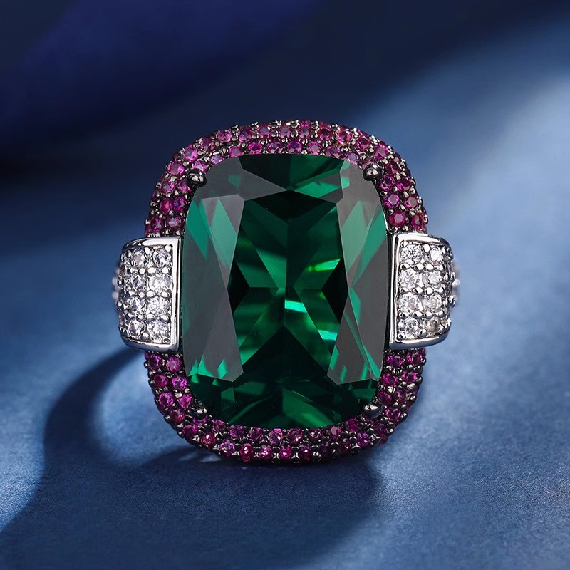 Anelli di smeraldi rubini color argento per le donne Fedi nuziali con diamanti da laboratorio Pietra preziosa Cocktail Party Gioielleria raffinata Regalo di anniversario femminile