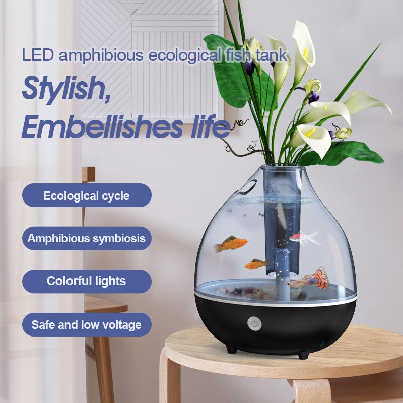 Aquarium tank desktop amphibious aeration small goldfish betta fish tank Colorful lights landscaping Ecological cycle