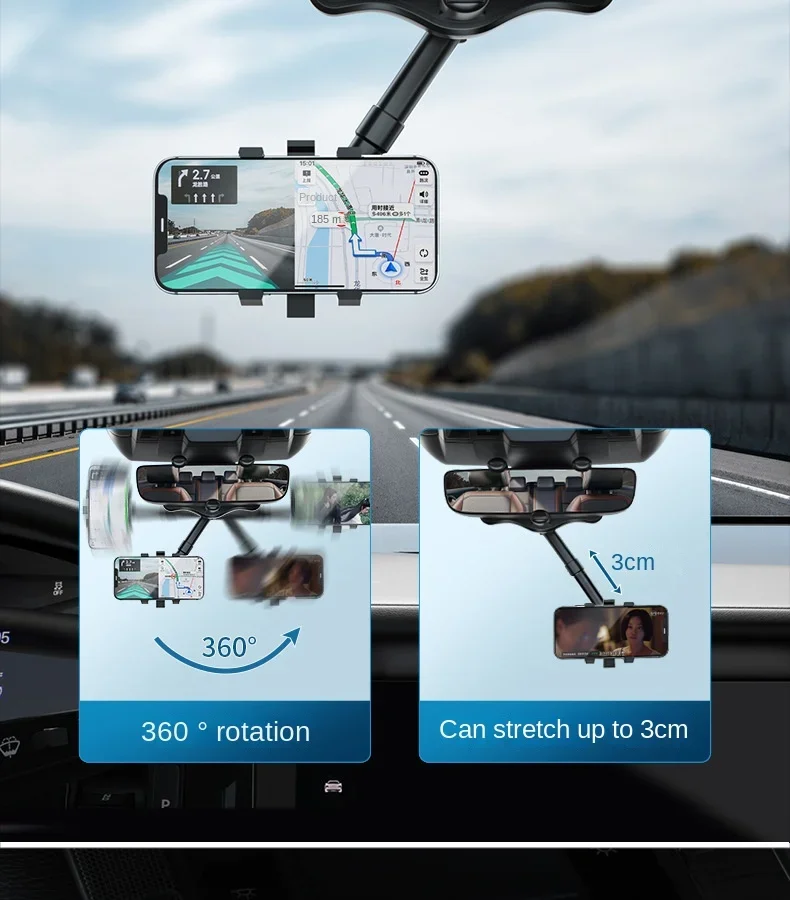 Draaibare en intrekbare autotelefoonhouder Achteruitkijkspiegel Rijdende recorderbeugel DVR/GPS Mobiele telefoonondersteuning met kabel