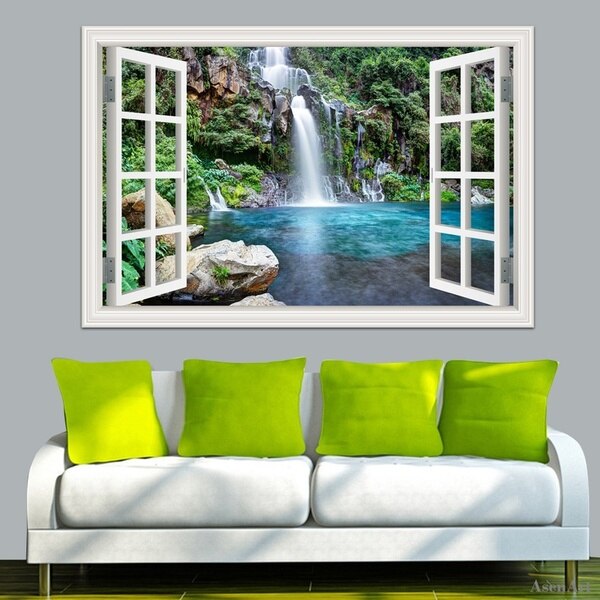 3D Mountain Fall View False Faux Window Frame Window Mural Vinyl Bedroom Wall Decals Stickers