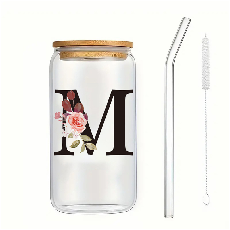 Alphabet Flowers Drinking Glass Letter A-Z Iced Coffee Water Juice Bottle Portable Clear Cup with Lid Straw Brush Birthday: Clear