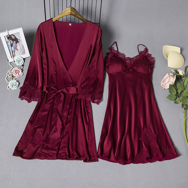 Mechitiz-ensemble de sommeil, robe sexy en soie pour femmes, peignoir deux pièces, robe de nuit luxueuse, printemps été, vêtements de nuit féminins