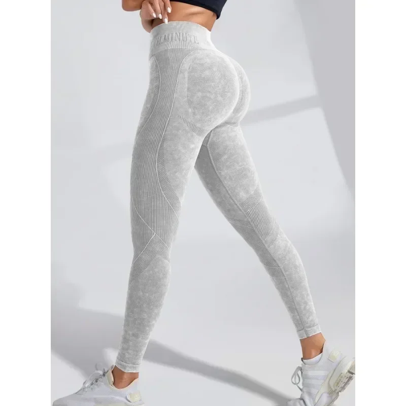 Women Seamless Gym High Waist Yoga Pants Hip Lifting Outdoor Sports Tight Waist Letter Sand Washed Pants Exercise Yoga Leggings