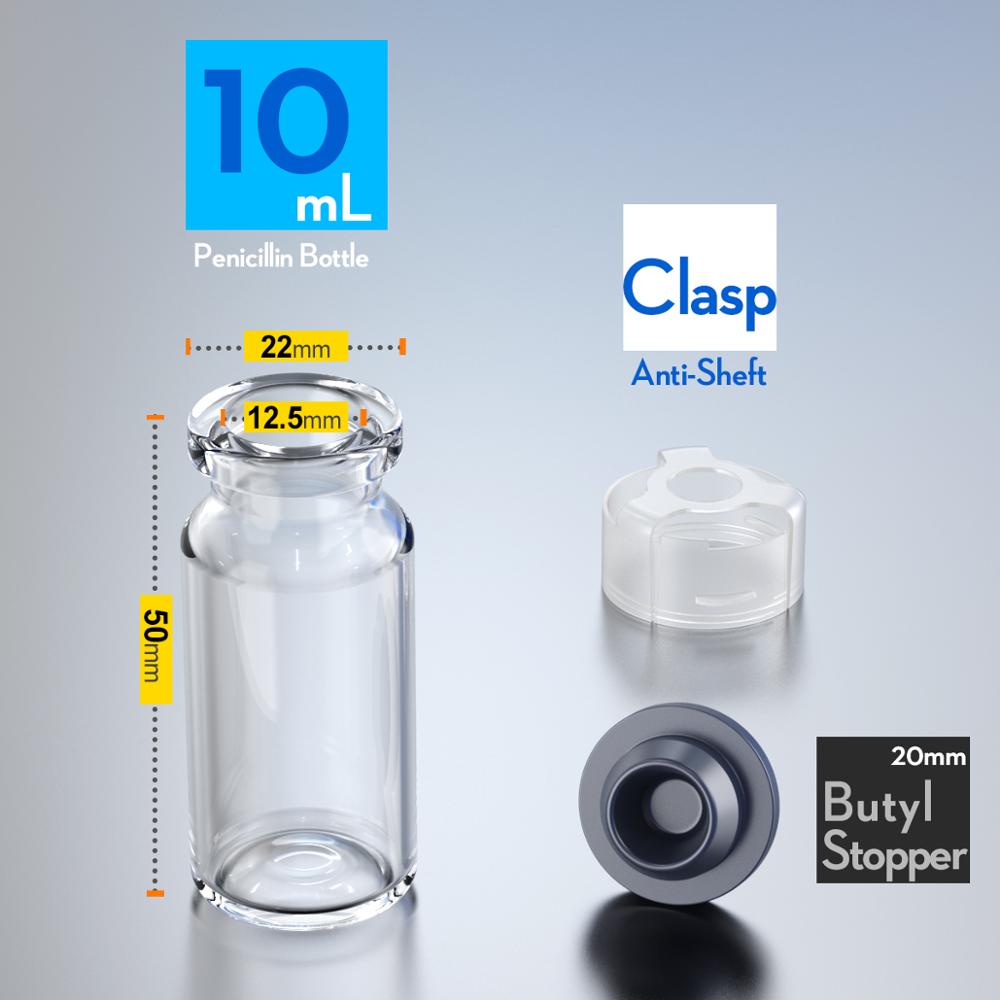 Mini botella de cristal de penicilina con tapón de goma y cierre anticizalla, frascos de vidrio de 3ml, 5ml, 7ml,10ml, 15ml, 20ml,25ml,30ml