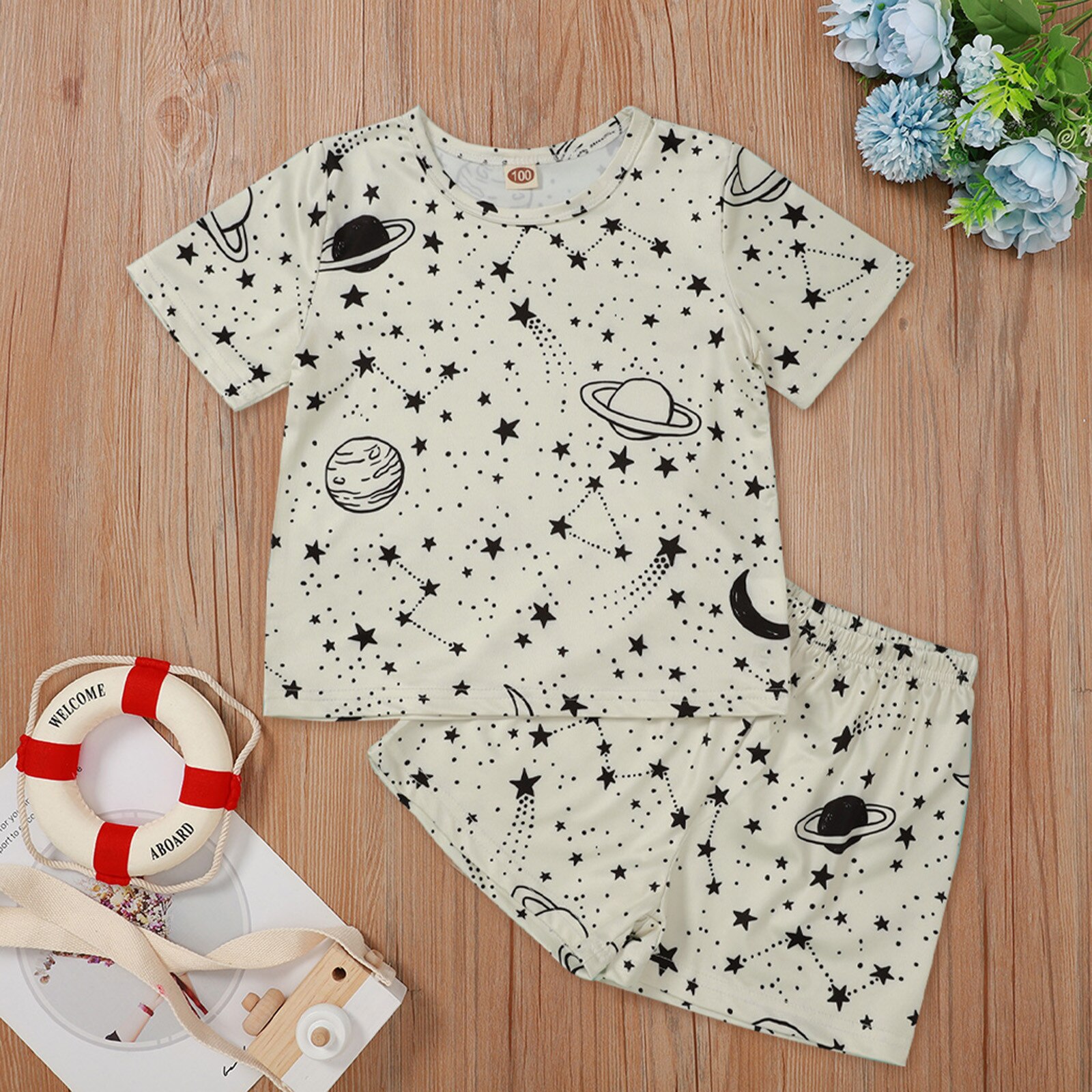 1-8Years Planeet Print Trainingspak Pasgeboren Baby Baby Jongens Meisjes Korte Mouw Star Print Tops + Shorts Pyjama Set Babykleidung M4