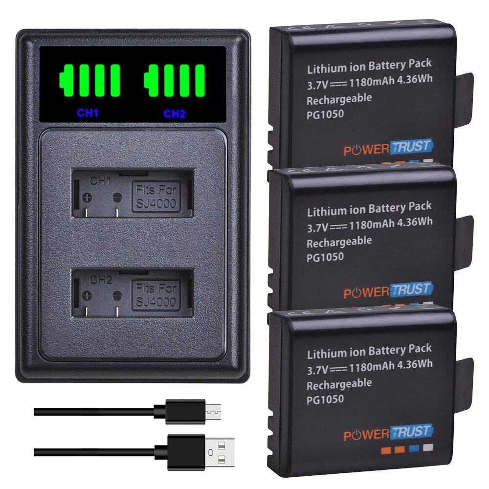 Batería PG1050 SJ4000 PG900 de 1180mAh, 3,7 V, con cargador Dual USB para SJCAM SJ5000 SJ6000 SJ8000 M10 EKEN 4K H8 H9 EK7000: 3Battery and Charger