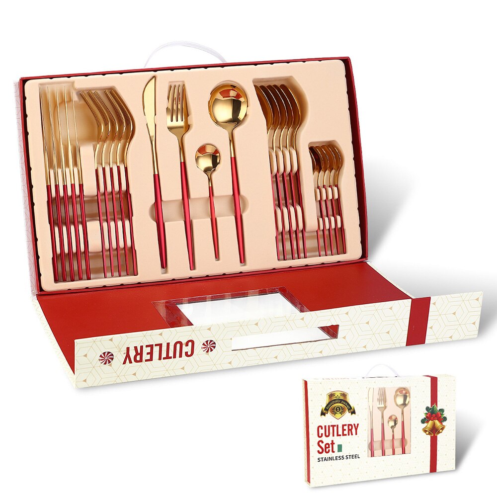Merry Christmas Cutlery Set 24 Piece Christmas Dinnerware Knife Fork Spoon Set Tableware Christmas Decorations For Home: Christmas Red Gold