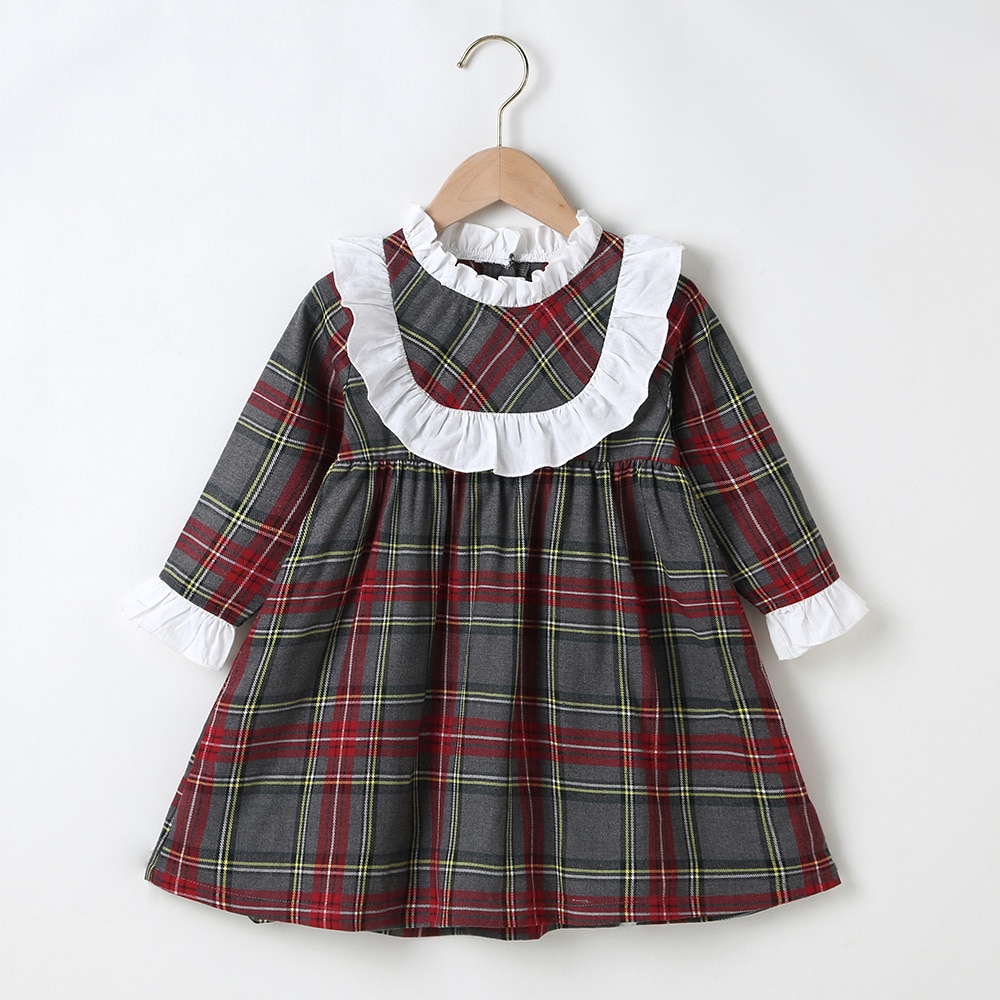 Wintermeisjesjurk meisjes schattige jurk lange mouw wit kant rood groen geruit schattig jurkje vestidos 18m-6t