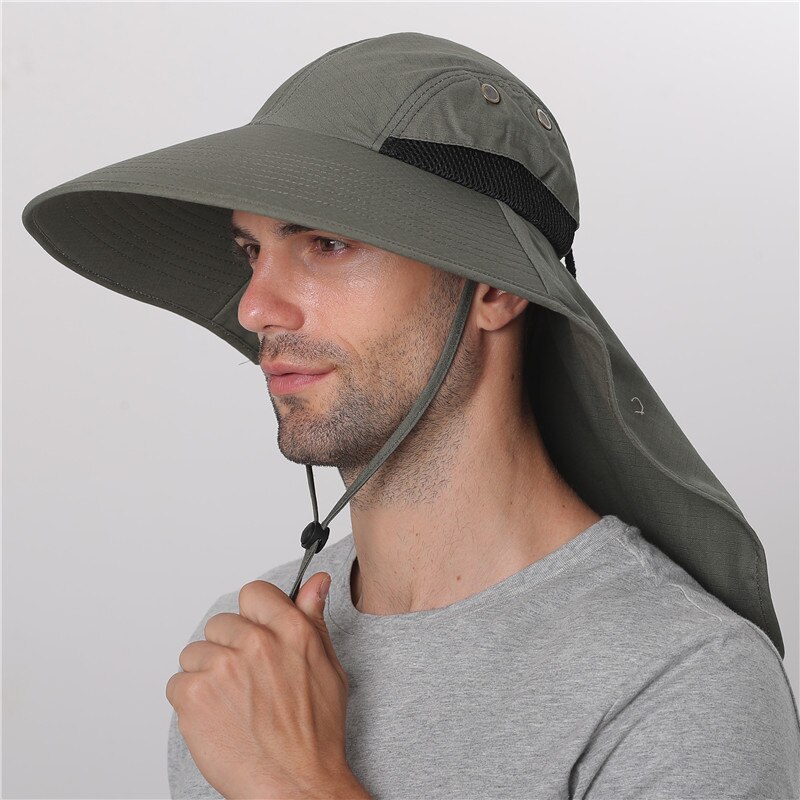 Camolad herre spand hatte med nakke flap sommer sol hat til kvinder lang bred randen fiskeri hætter udendørs uv beskyttelse vandreture hat: Militærgrøn