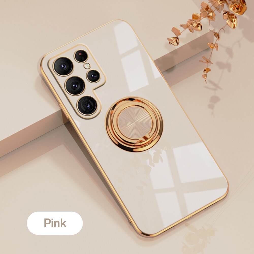 Luxury Plating Protector Case For Samsung Galaxy S22 Ultra S22Ultra S22Plus S 22 Car Magnetic Stand Shockproof Back Cover Coque: For S22 / Pink 4