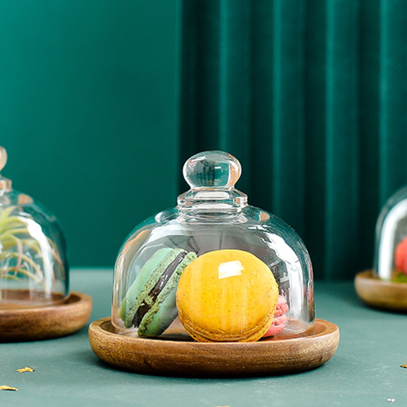 Houten Cake Stand Met Glas Doom Cover Multi-Functionele Serveerschaal Taart Plaat Slakom DC112