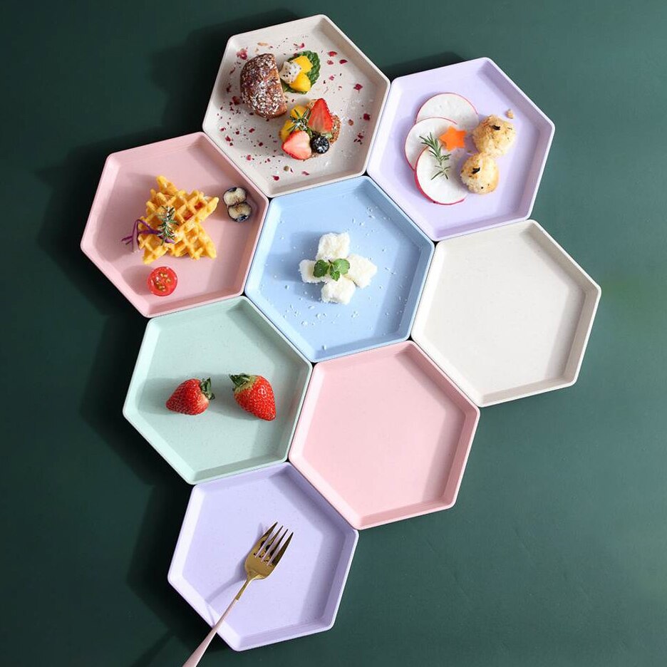 Plateau épais en paille de blé, assiette hexagonale, Snacks de fête, Biscuit, bonbons, gâteau, assiette de fruits, cuisine multifonctionnelle plateau d'assiette naturelle