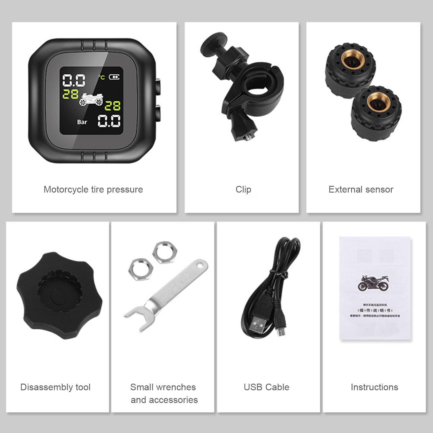 LCD Display Waterdichte Draadloze TPMS Motorfiets Bandenspanningscontrolesysteem Solar Externe Sensor Moto Detectie Gereedschap