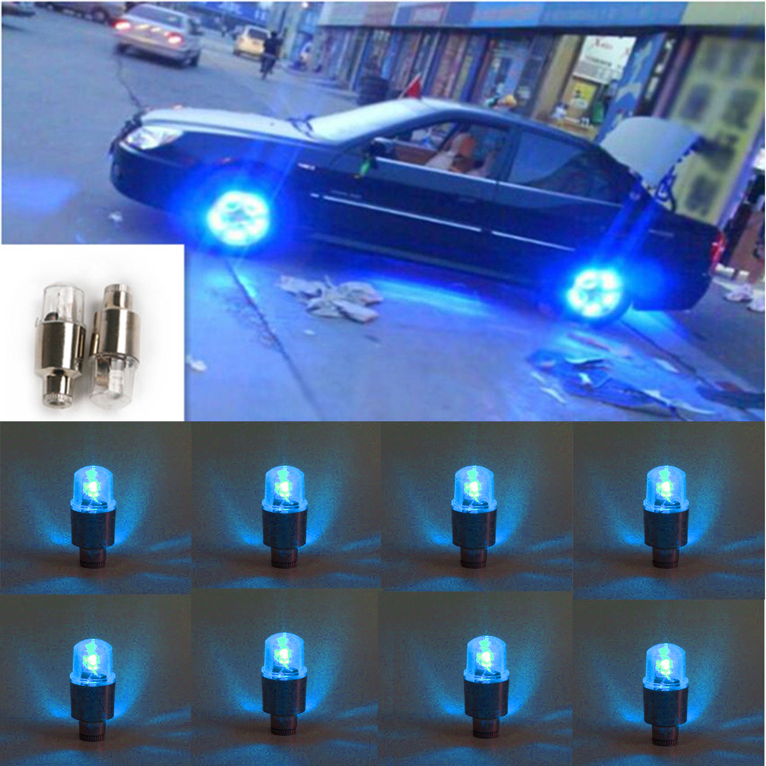 8pcs Blauwe LED Auto Wheel Tyre Tire Kraandopverbindingen Licht Lamp Decoratie