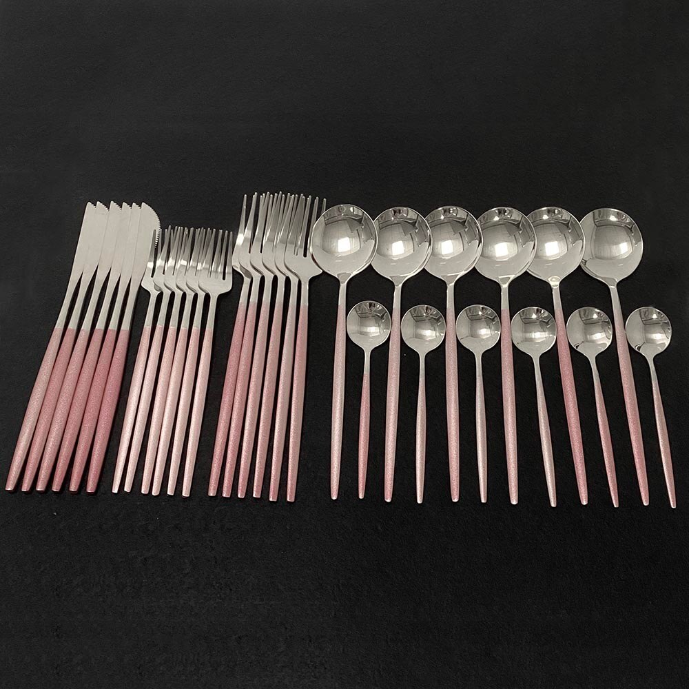 30 stk rosa gull bestikk sett 18/10 rustfritt stål servise bestikk sett kniv dessert gaffel skje middag kjøkken servise sett: Rosa sølv