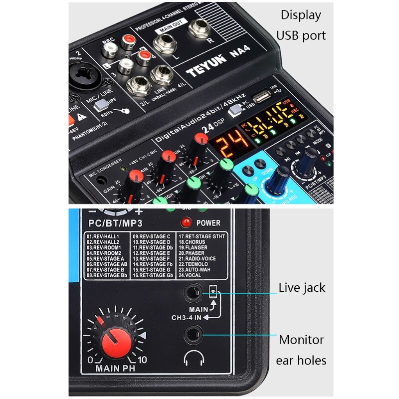 Audio Mixer Portable Sound Mixing Console USB Interface Computer Input 48V for Outdoor Live Indoor Home Entertainment