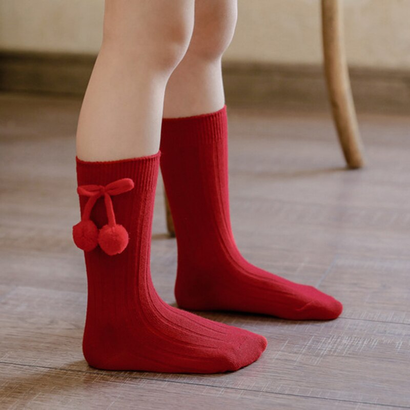 6 Colors Unisex Children Cherry Poms Ball Knee High Socks Baby Toddler Tube Socks For Kids Girls Boys Cherry Knitted Sock 2-6Y