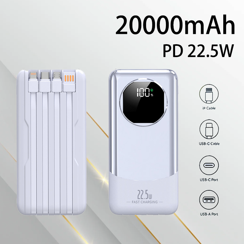 22.5w snelladende powerbanks van 20000 mah met 4 ingebouwde kabels, grote capaciteit, lichtgewicht, draagbare, mobiele stroomvoorziening