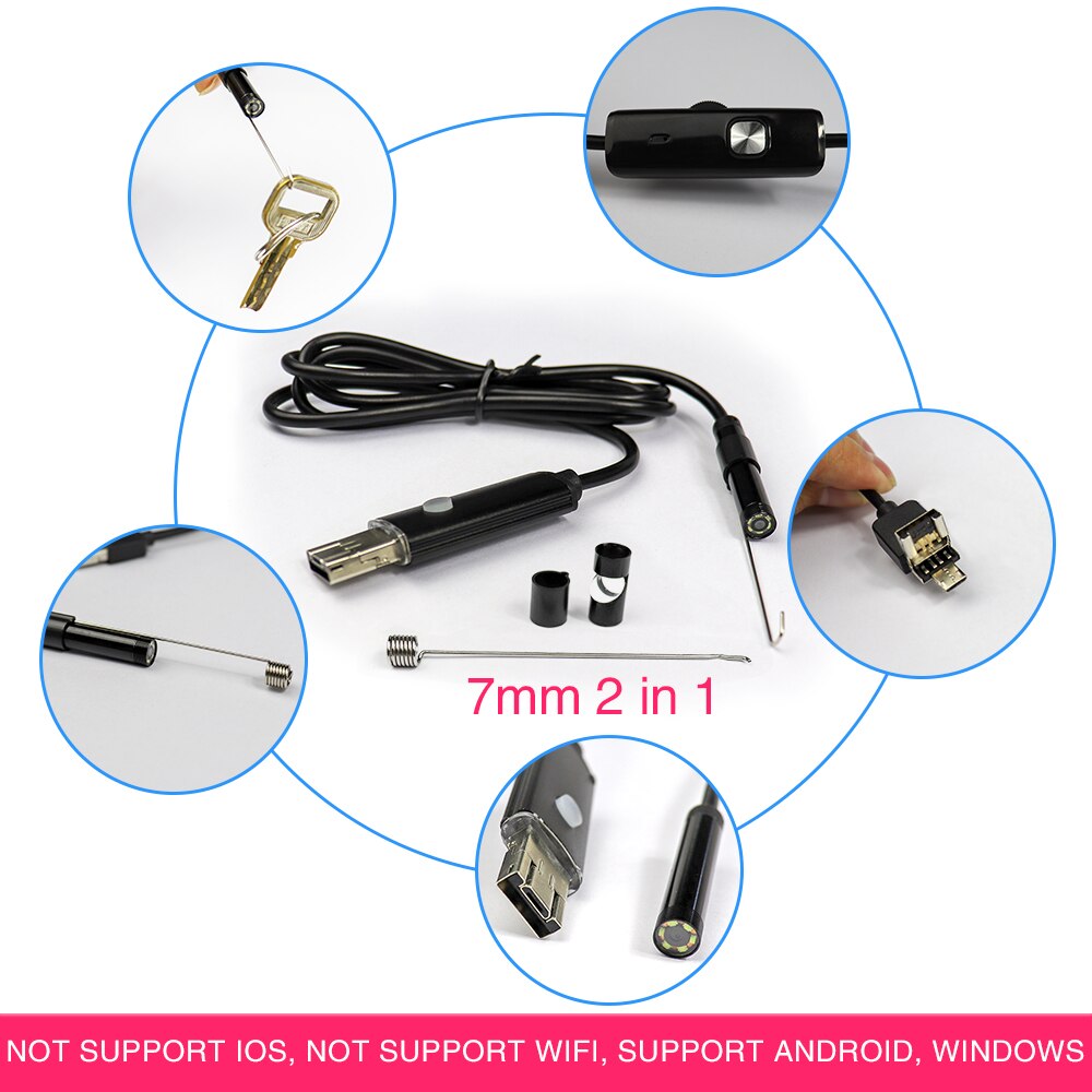 Endoscopio 2 en 1 USB Android impermeable 6 LED inspección por boroscopio Cámara endoscopio para Android PC 1M 2M 7mm Cámara endoscópica HD