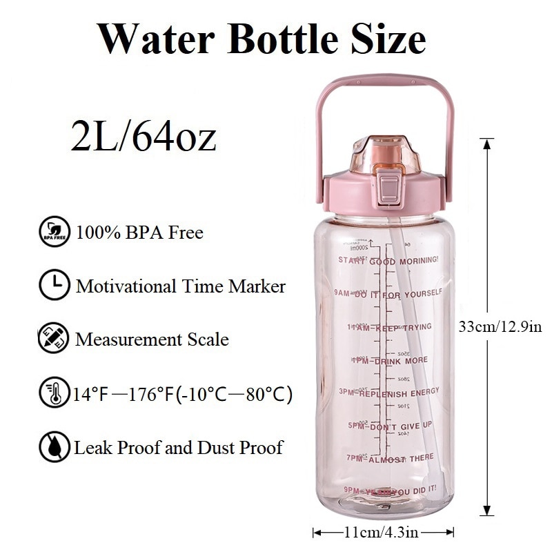 2L Grote Capaciteit Waterfles Met Tijd Marker Portable Bpa Gratis Stro Cup Lekvrij Drinken Fles Outdoor Sport Fitness Jug