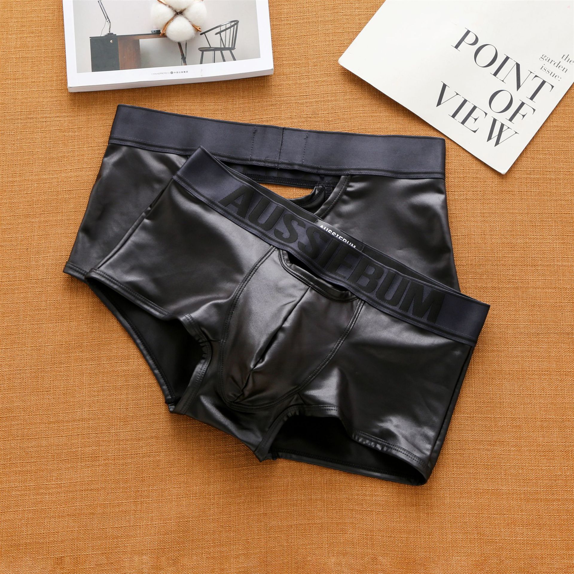 Aussiebun men's imitation leather boxers youth colorful small hollow underwear: Black / L