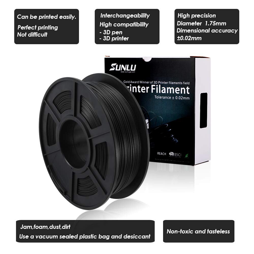 SUNLU – Fibre de carbone PLA pour imprimante 3D, filament extrêmement rigide, 1,75mm +/- 0,02 mm, poids 1 kg (2,2 lb)