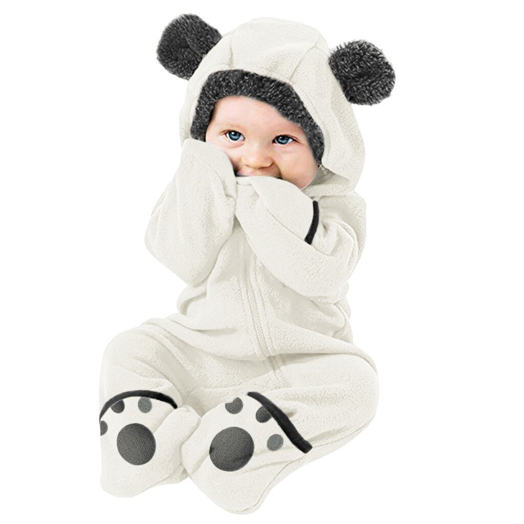 Hoodie Romper Jumpsuit Met Oren Infant Baby Meisjes Jongens Solid Cartoon Fleece Oren Hoodie Romper Kleding Jumpsuit Disfraz Baby: WHITE / 3M