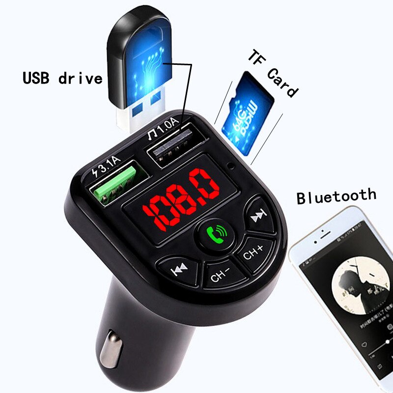 Kit de transmisor FM con Bluetooth de reproductor de MP3 para coche manos libres 3.1A receptor de música de Doble Adaptador de cargador de coche USB para coche o camión