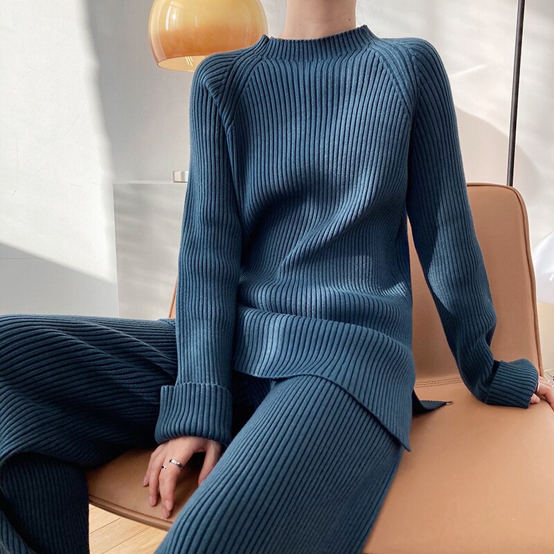 Sweater Suit Round Neck Side Slit Knitted Sweater All-match Drape Wide-leg Pants Trousers Two-piece Suit