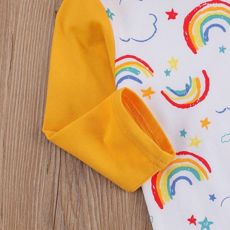 3-24M Cute Newborn Baby Boy Girl Long Sleeve Rainbow Print Hooded Romper Jumpsuit Outfits Baby Clothes