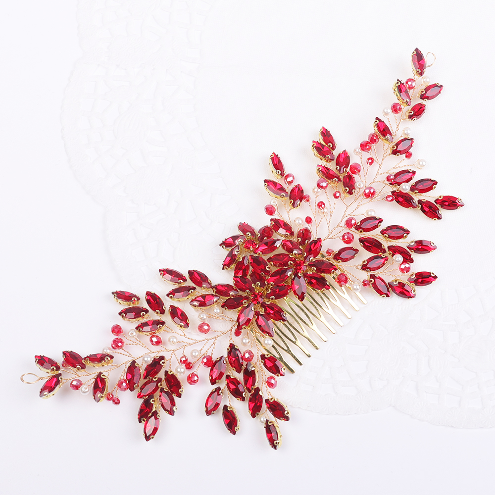Peine grande para el pelo de novia, accesorio Vintage de plata con diamantes de imitación, perlas brillantes y cristales, tocado, pieza de cabello nupcial, boda: Rojo