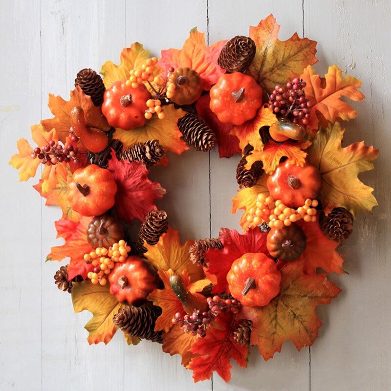 40Cm Kunstmatige Pompoen Krans Herfst Oogst Maple Leaf Zonnebloem Deur Decor Garland Thanksgiving Halloween Party Benodigdheden