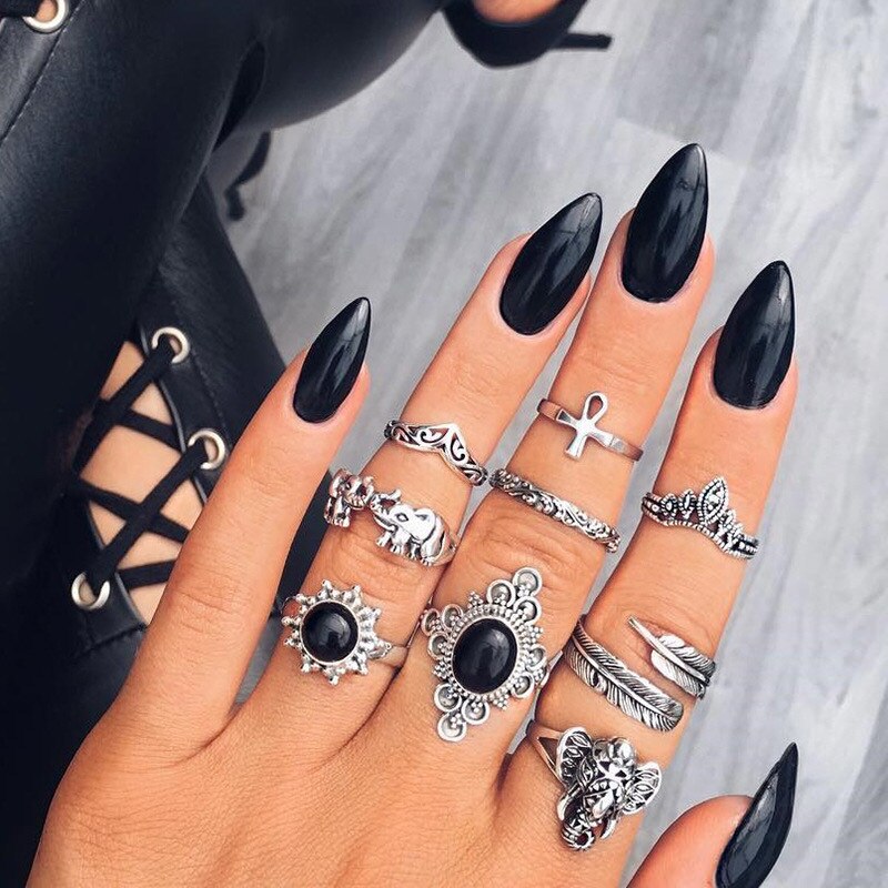 Bague Femme Vintage Ringen voor Vrouwen Boho Geometrische Bloem Crystal Knuckle Ring Set Bohemian Midi Vinger Sieraden Zilveren Kleur: Set9 Black Eleph