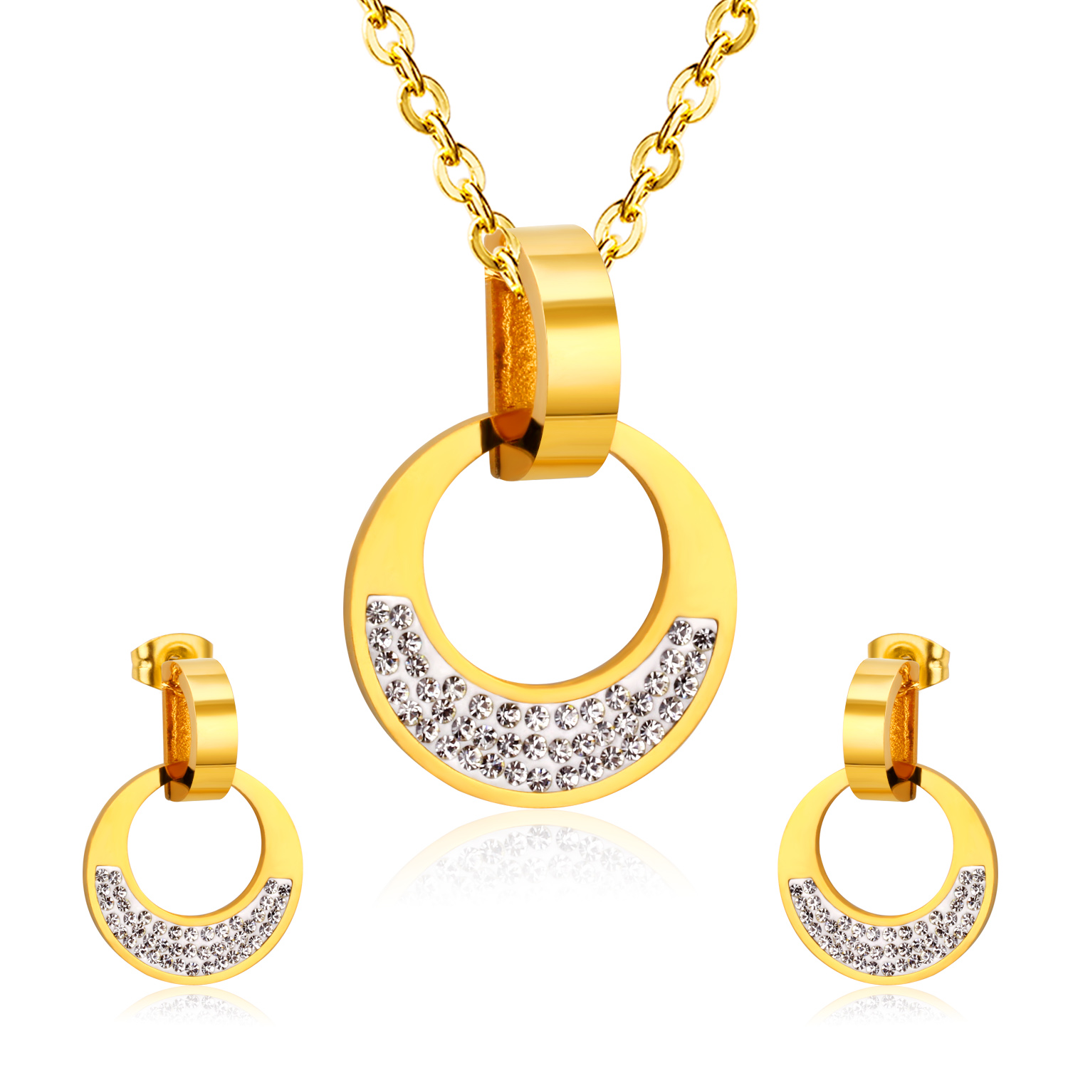 Luxusteel Rvs Sets Goud Kleur Ronde Hanger Necklce Oorbellen Brinco Party Vrouwen: 17 01G