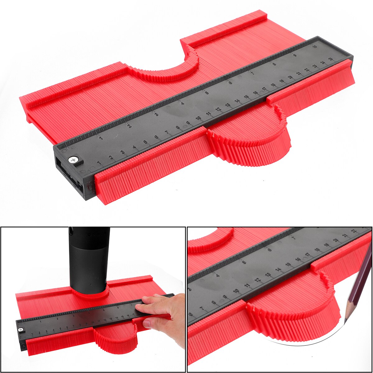 Multi-functio Contour Profile Gauge Tiling Laminate Tiles Edge Shaping Wood Measure Ruler Contour Gauge Duplicator 5/10 inch: wider 25cm red