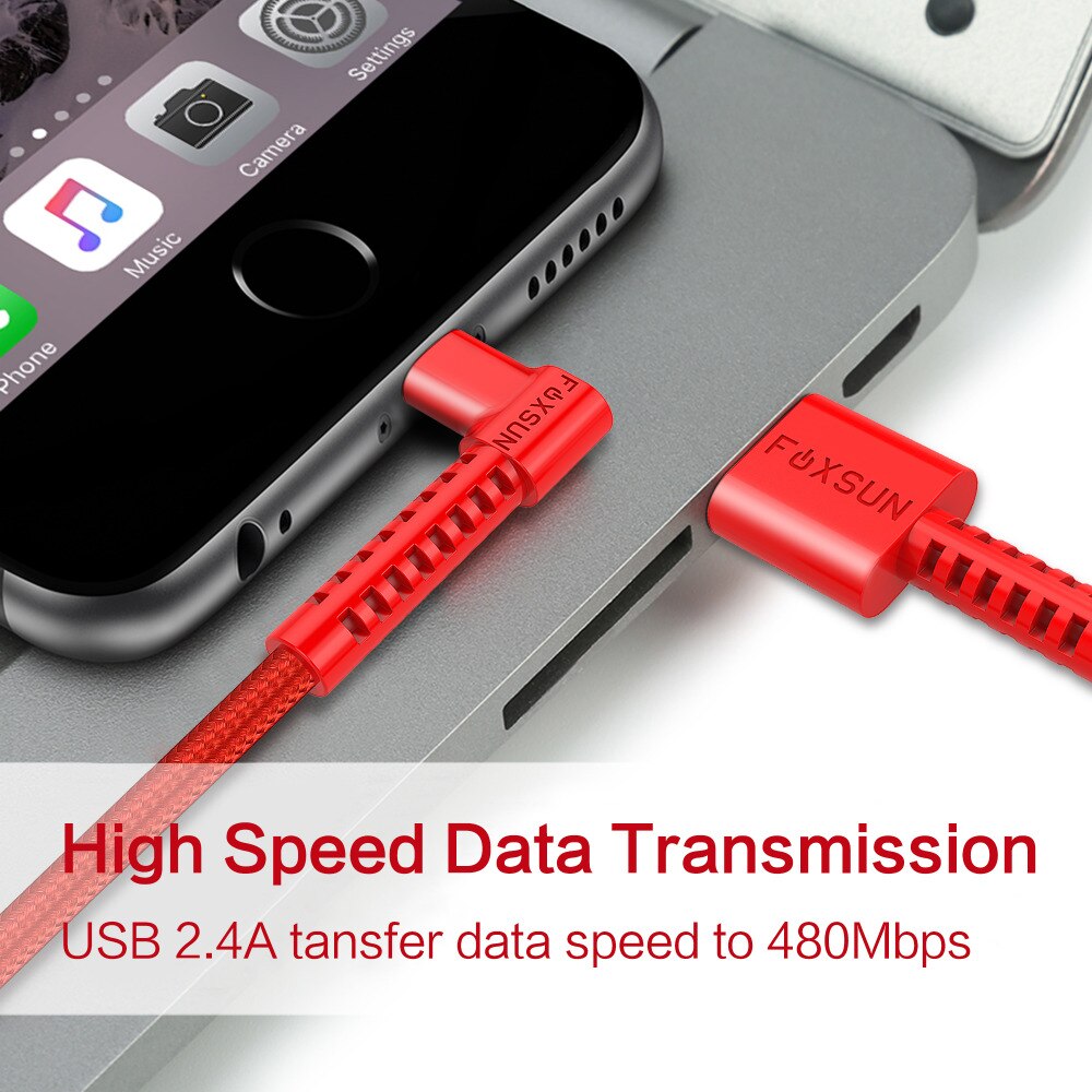 Foxsun Right Angle For Lightning Cable 90 Degree iPhone Charger USB Cable Nylon Braided Fast Speed Data Sync Apple Charging Cord