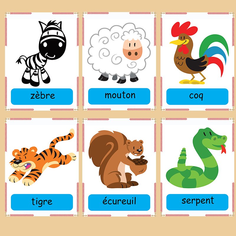 30Pcs French Cartoon Animals Giraffe French Learning Word Card Learning Card Early Education Children's Games Word Pocket Cards