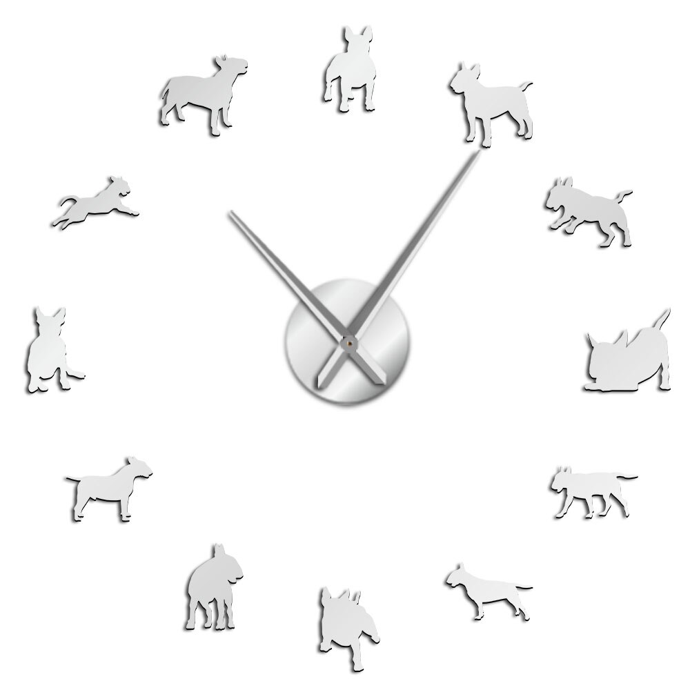 DIY Reloj de pared grande Bull Terrier perro Reloj de pared arte perro Pug aguja reloj decoración de tienda de mascotas para Bull Terrier amante: Plata