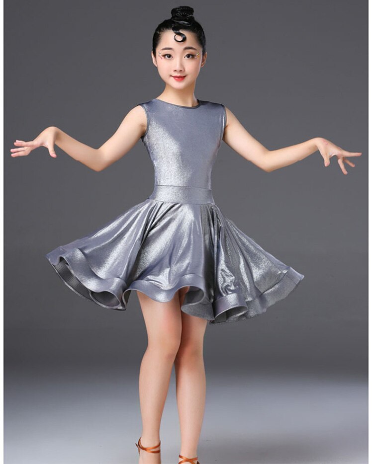 Padrão menina vestido de dança latina para meninas vestido de dança de salão vestido de dança competição crianças samba cha tango: Cinza / 130cm