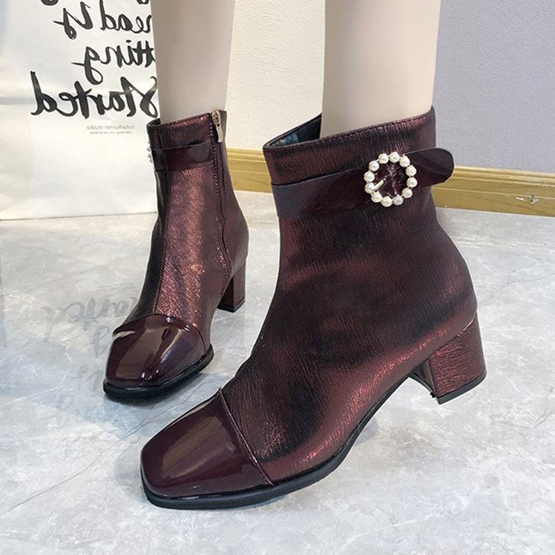 Femmes bottines perle boucle robe chaussures hiver nouvelle perle chaussons dames chaussures carré talon botas mujer 8592N
