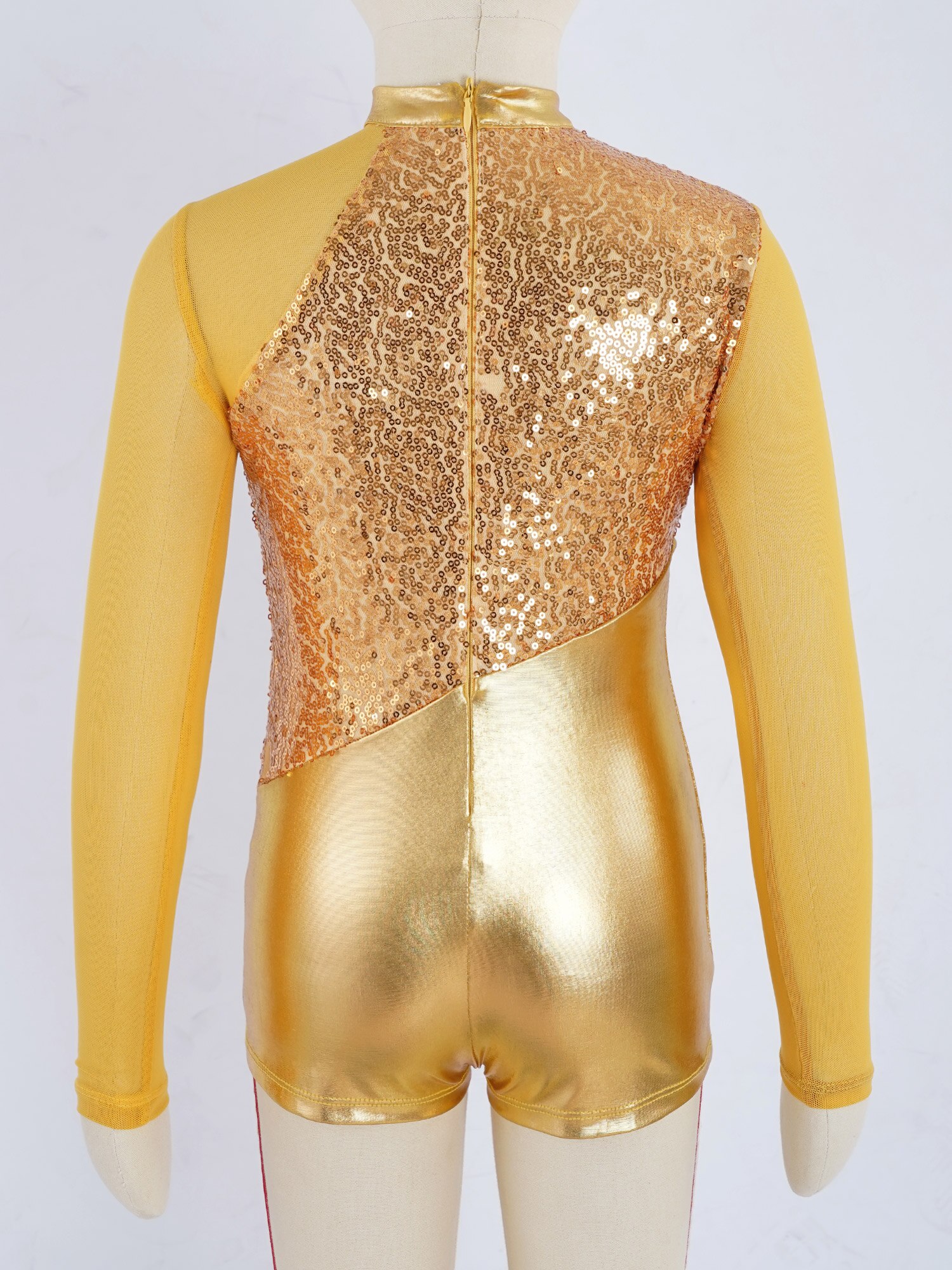 Kids Girls Sparkling Sequins Mesh Splice Metallic Dance Unitatds Long Sleeve Gymnastics Leotard for Girl Children Ballet Leotard