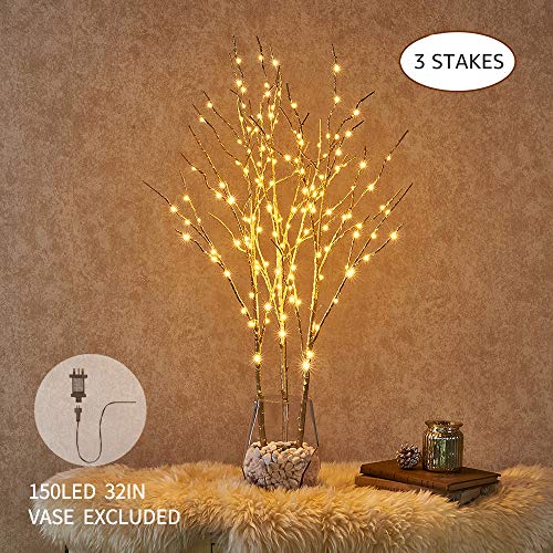 3Pack Pre Lit Artificial Brown Twig Branch with Fairy Lights 150LED Plug in Lighted Willow Branch for Christmas Indoor Outdoor: Gold / UK plug